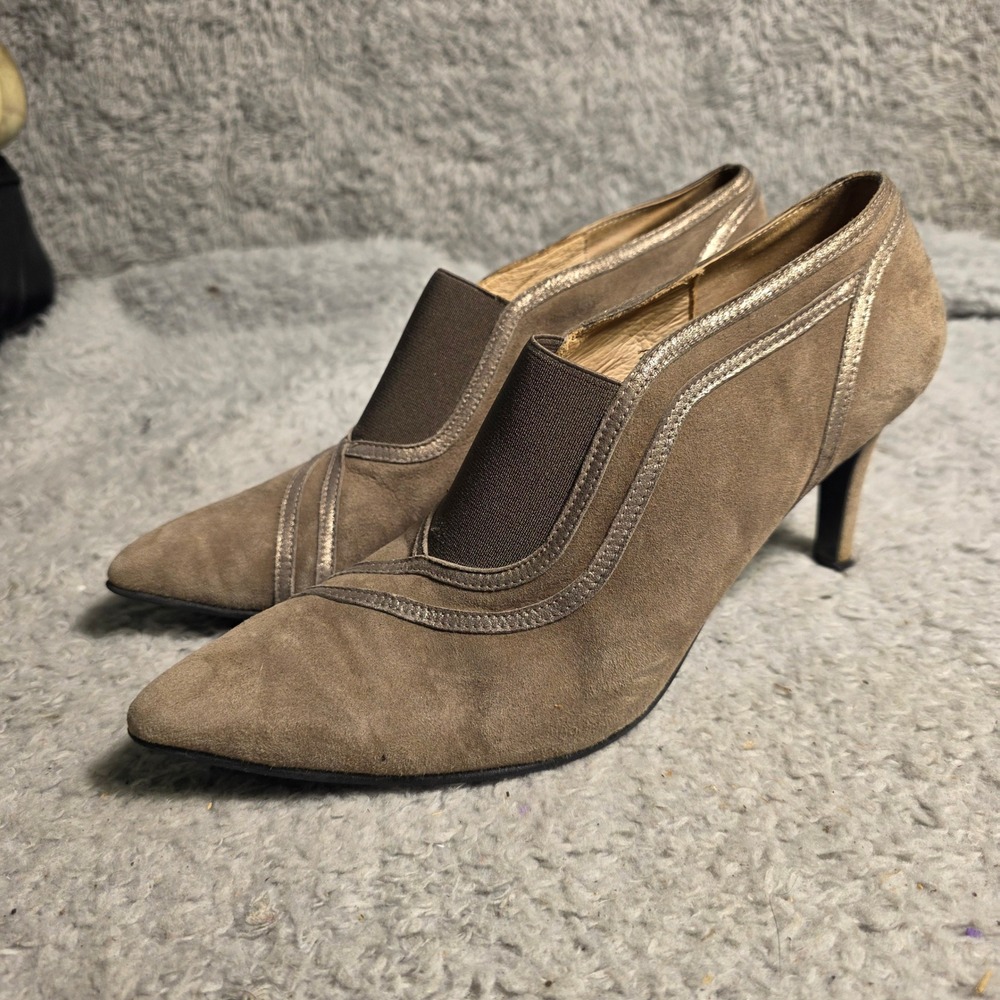 FS/NY‎ Suede Pointed Toe Bootie Pumps Taupe Metallic Womens 7.5 Excellent